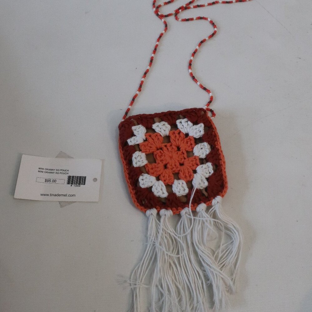 NWT Womens Regina Dark Red, Coral, White Crochet Mini Granny Square Pouch Bag